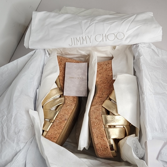 Jimmy Choo Maribou 110 Slip on Platform Wedge Slide Sandals In Gold Size 36.5 - Picture 6 of 7